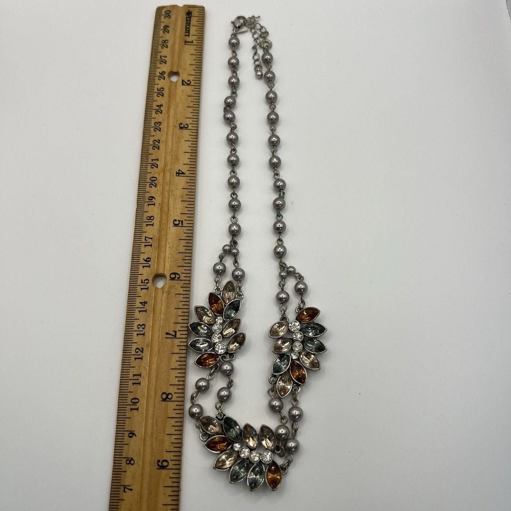 Gray Faux Pearl Rhinestone Necklace Double Strand Floral Statement Bib - Picture 5 of 6